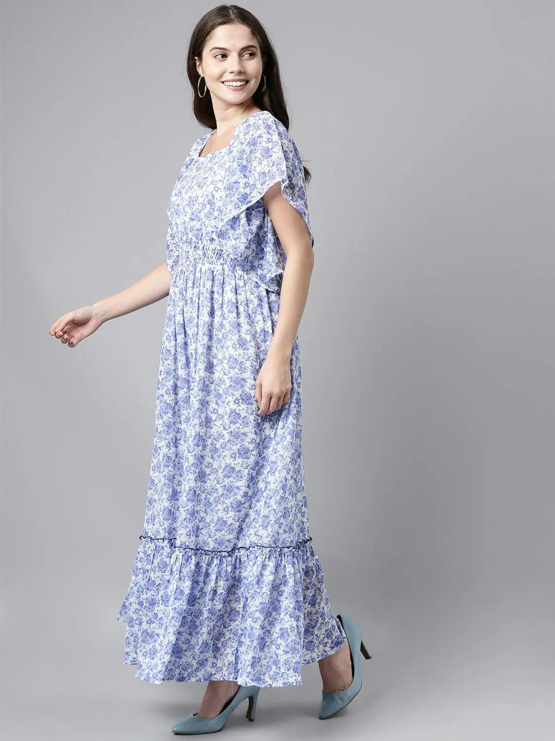 Ahika Blue White Floral Print Flared Sleeve Flounce Hem Maxi Dress With Smocked Detail Trendy Short Sleeve Maxi Dress