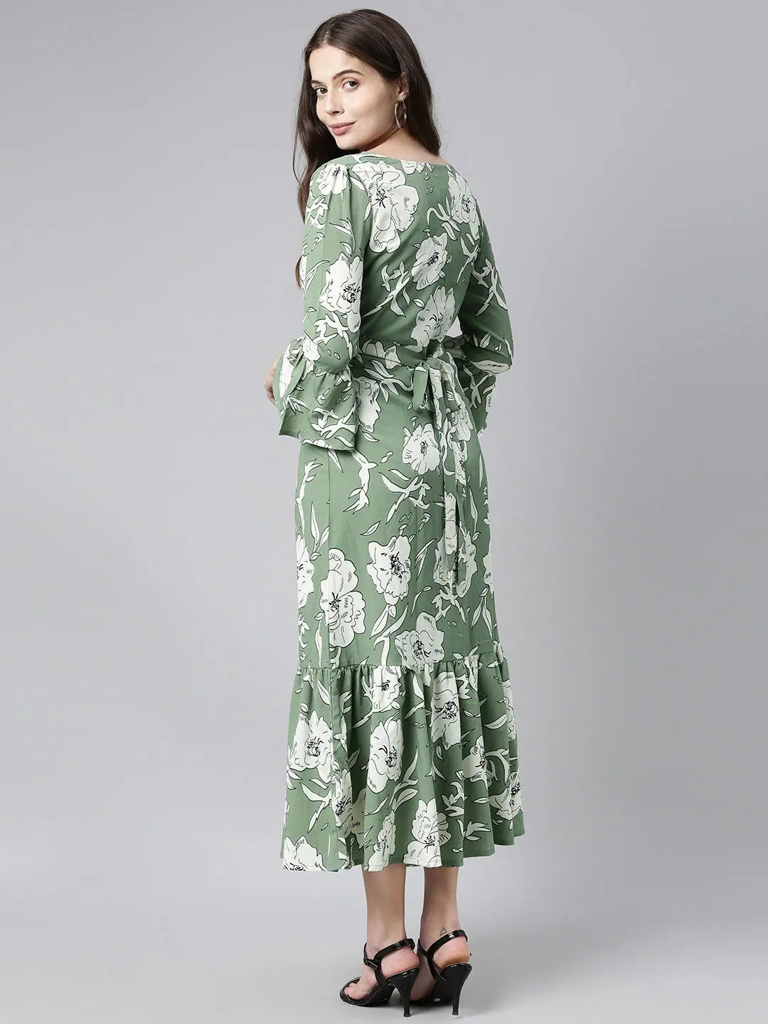 Ahika Green Floral Printed Chiffon Maxi Dress Stylish Button-Up Maxi Dress