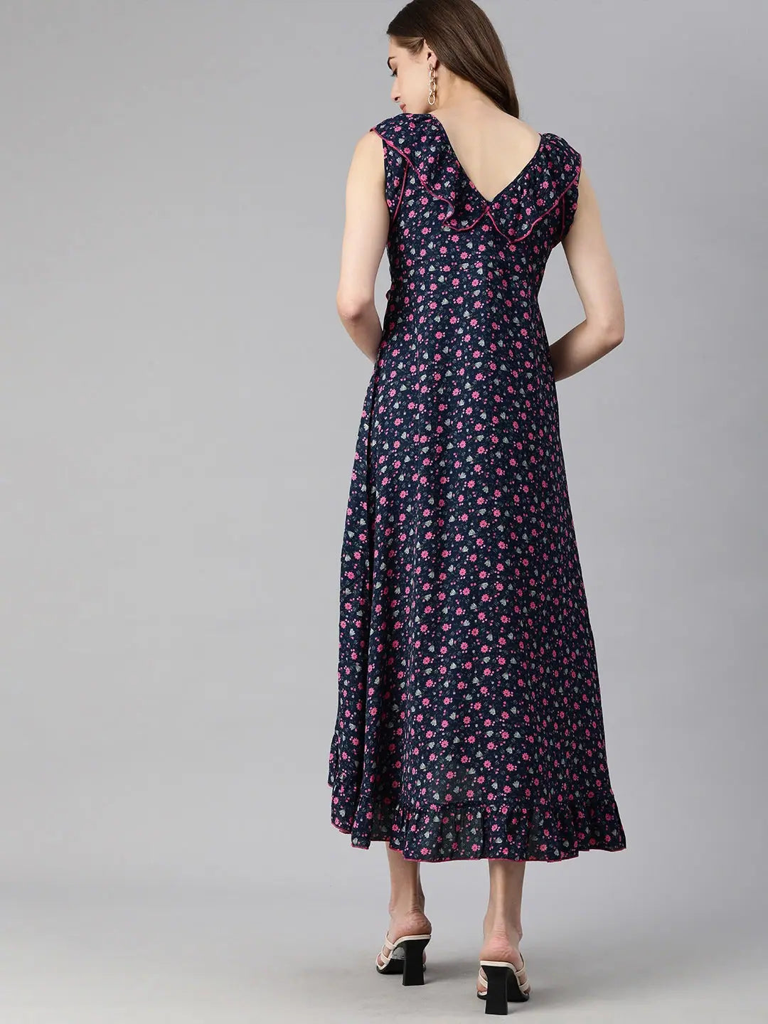 Ahika Navy Blue Floral Printed Georgette Maxi Dress Cozy Wrap Maxi Dress