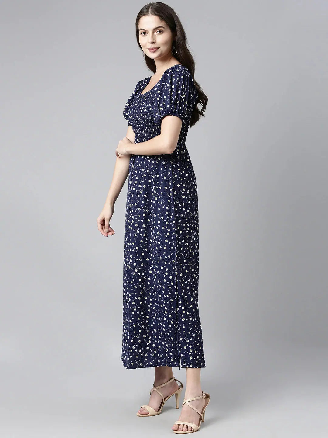 Ahika Navy Blue White Floral Printed Crepe Maxi Dress Stylish V-Neck Maxi Dress