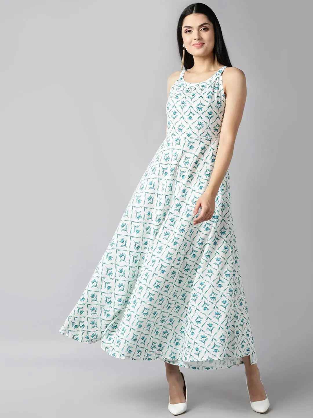 Ahika Off White Blue Floral Maxi Dress Stylish One-Shoulder Maxi Dress