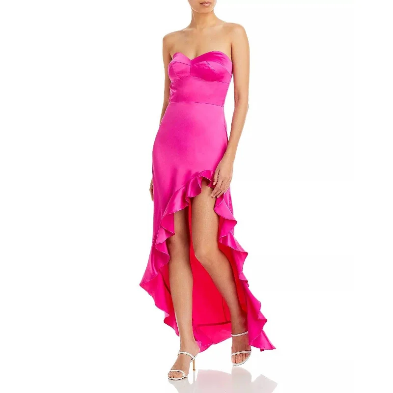 AQUA Ladies Hot Pink Strapless Ruffle Maxi Dress, High Slit in Leg Cozy Longline Maxi Dress