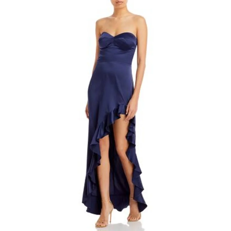 AQUA Ladies Navy Blue Strapless Ruffle Maxi Dress, High Slit in Leg Comfortable Pleated Maxi Dress