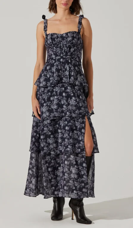 ASTR Mellorie Floral Tiered Maxi Dress - Navy/Grey Floral Comfortable Fitted Maxi Dress