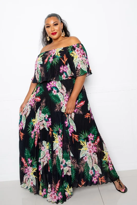 Tropical Printed Off Shoulder Pleated Maxi Dress Stylish Button-Up Maxi Dress