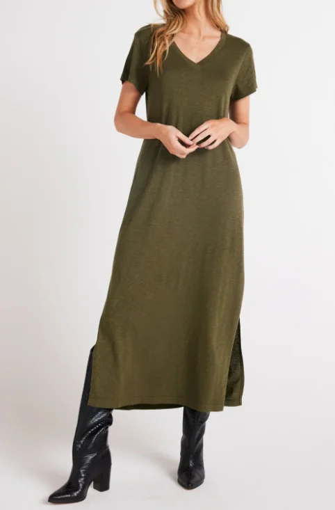 Bella Dahl Knit V-Neck Maxi Dress - Italian Herb Cozy Longline Maxi Dress