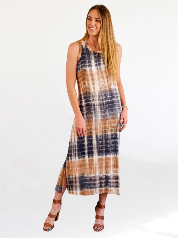 Cappuccino Tan and Navy Blue Tie Dye Maxi Dress Fashionable Faux Wrap Maxi Dress