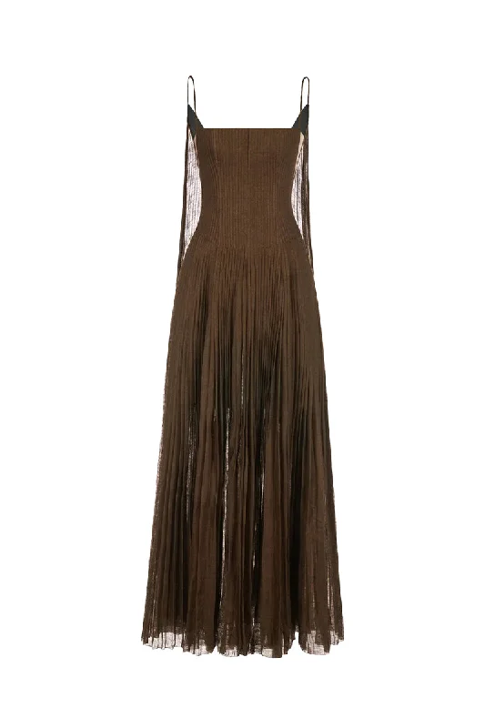 CHOCOLATE LINEN MAXI DRESS Fashionable Maxi Dress with Fringe