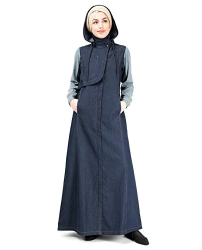 Denim Hooded Urban Abaya Cotton Maxi Dress Jilbab Elegant Maxi Dress with Ruffles