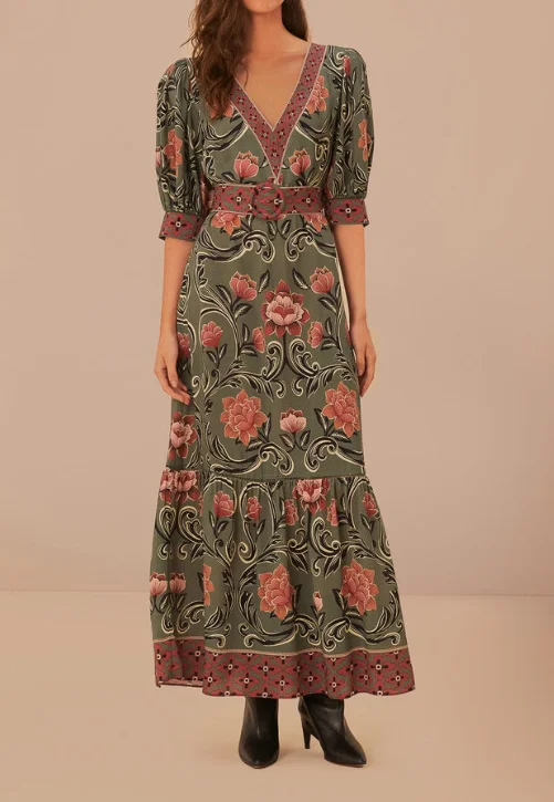 Farm Rio Arabesque Floral Green Maxi Dress Trendy Maxi Dress with Straps