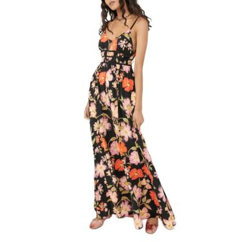 Free People Ladies Black & Yellow Floral Print "Wisteria" Maxi Dress Elegant Lace Maxi Dress