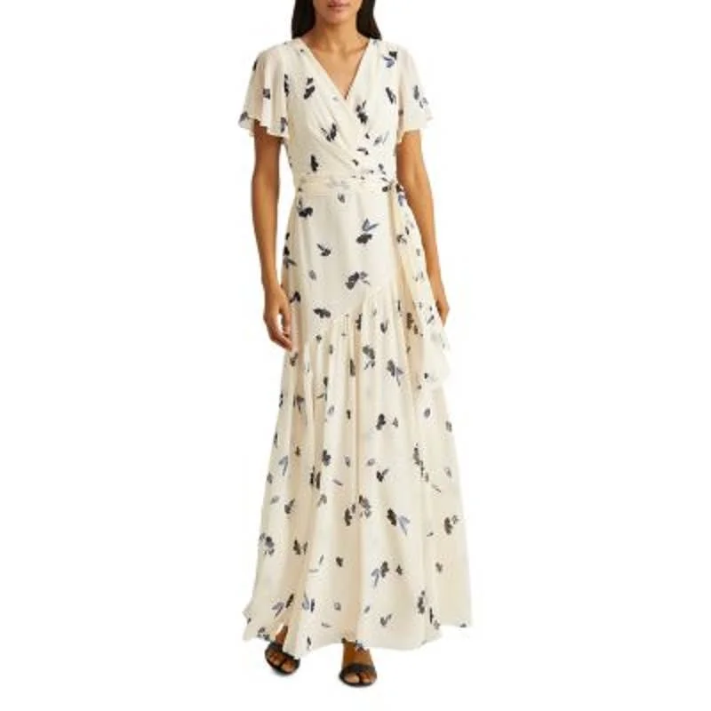 Lauren Ralph Lauren Ladies Cream & Blue Floral Print Flutter Sleeve Maxi Dress Comfortable Fit-and-Flare Maxi Dress