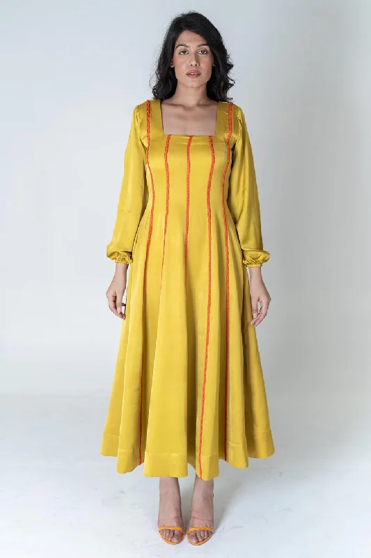 Yellow-Orange Braided Maxi Dress Stylish A-Line Maxi Dress