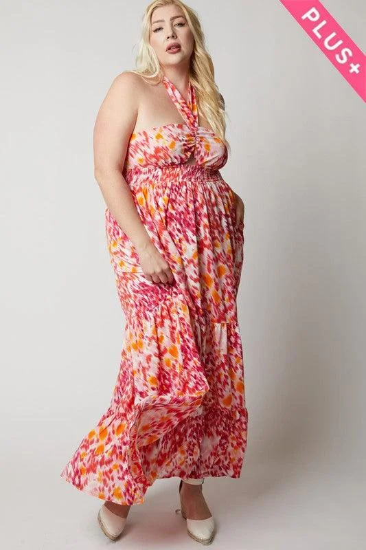 PLUS printed smocked ruffle maxi dress Stylish Long Sleeve Maxi Dress