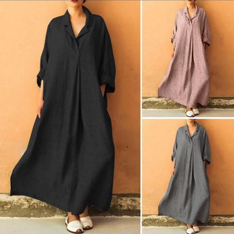 Plus Size V-neck Long Sleeve Solid Color Casual Loose Maxi Dress Comfortable Bohemian Maxi Dress