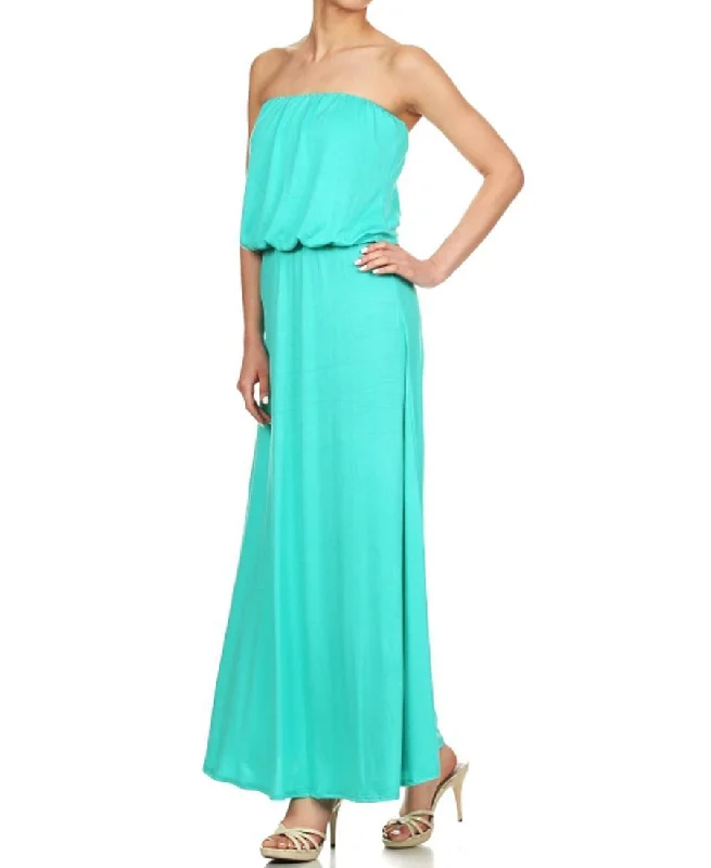 Strapless Elastic Waist Maxi Dress Aqua Trendy Floral Print Maxi Dress