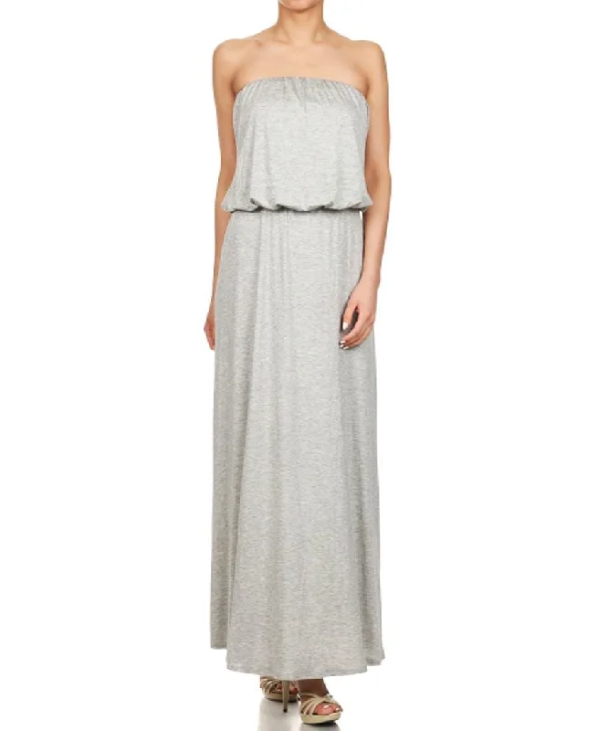 Strapless Elastic Waist Maxi Dress Light Gray Stylish Boho Chic Maxi Dress