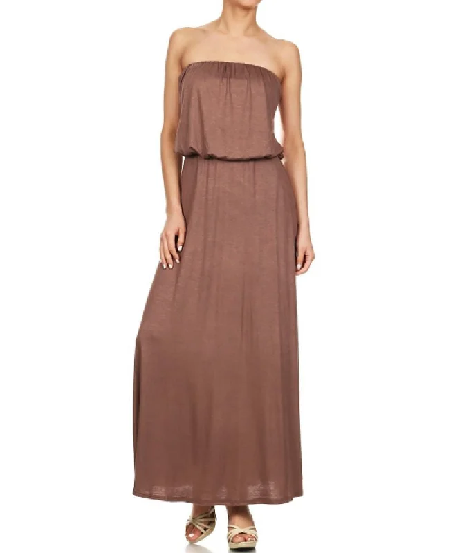 Strapless Elastic Waist Maxi Dress Taupe Comfortable Fitted Maxi Dress