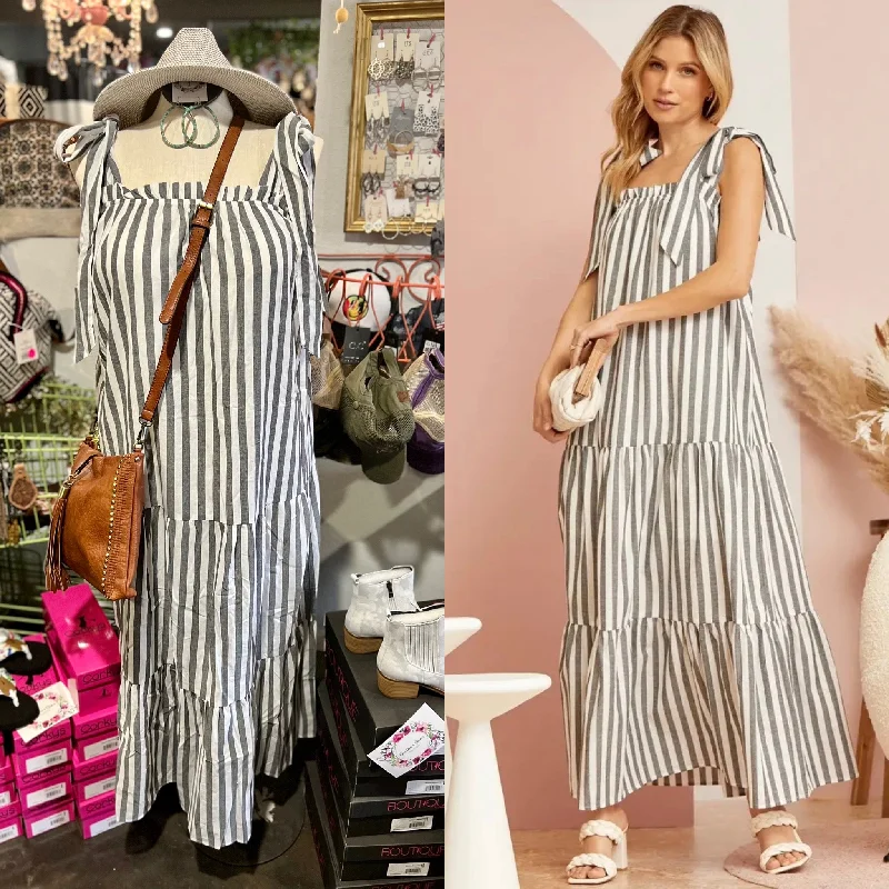 Striped Tie Maxi Dress Classic A-Line Maxi Dress