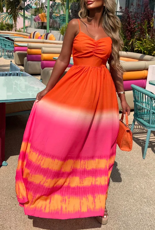 Sunset Goddess Orange Ombre Cami Maxi Dress Cozy Spaghetti Strap Maxi Dress