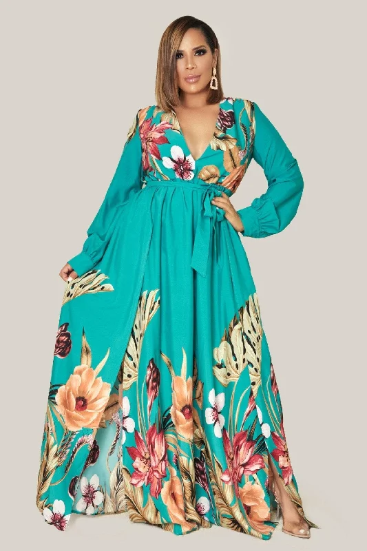 Vespera Floral Print Maxi Dress Elegant Maxi Dress with Pockets