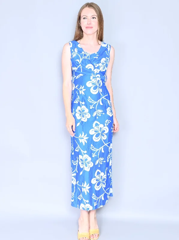 VINTAGE Sleeveless Hawaiian Floral Blue Maxi Dress (XS) Comfortable Fitted Maxi Dress