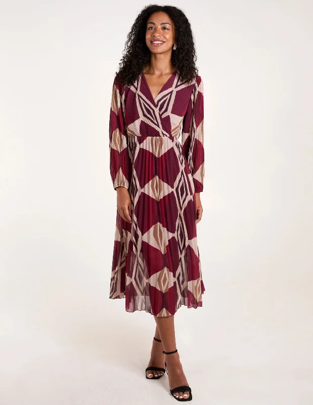 Wrap Front Pleated Geometric Maxi Dress Comfortable Cotton Maxi Dress