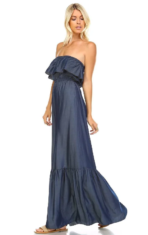 Chambray Ruffled Overlay Tube Maxi Dress Dark Blue Indigo Casual Maxi Dress with Pockets