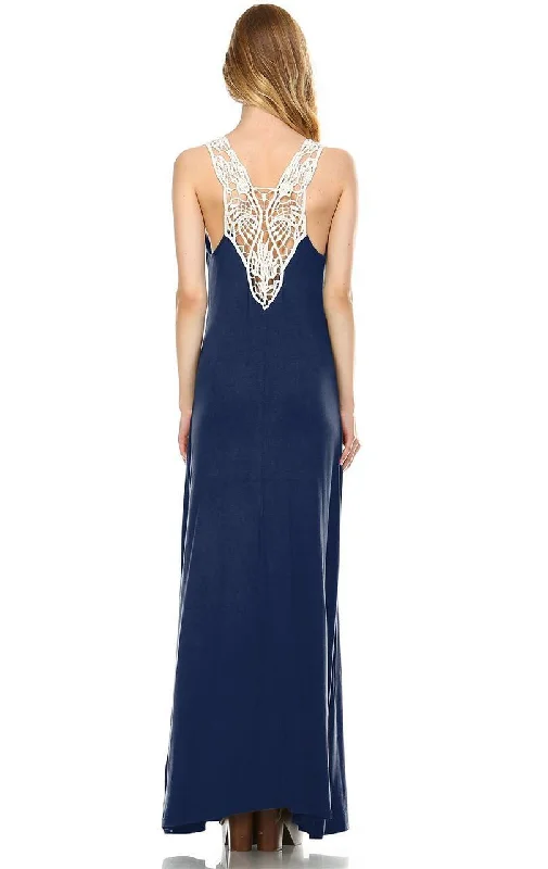 Lace Maxi Dress with Crochet Details Navy Cozy Open-Back Maxi Dress