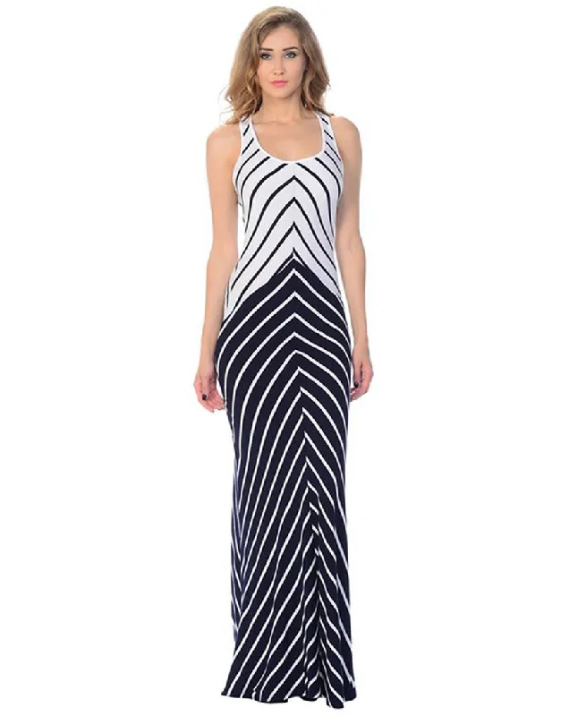 Maxi Dress Sleeveless Cross Back Navy Blue White Chic Button-Up Maxi Dress