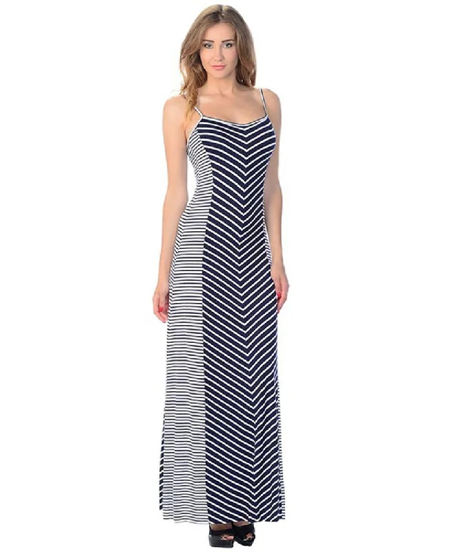 Maxi Dress Sleeveless Striped Navy Chevron Stylish Pleated A-Line Maxi Dress