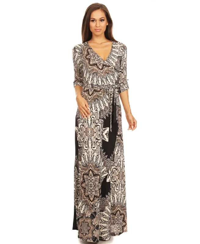 Maxi Dress with Sleeves Malnative Black Gray Trendy Ruffled Maxi Dress