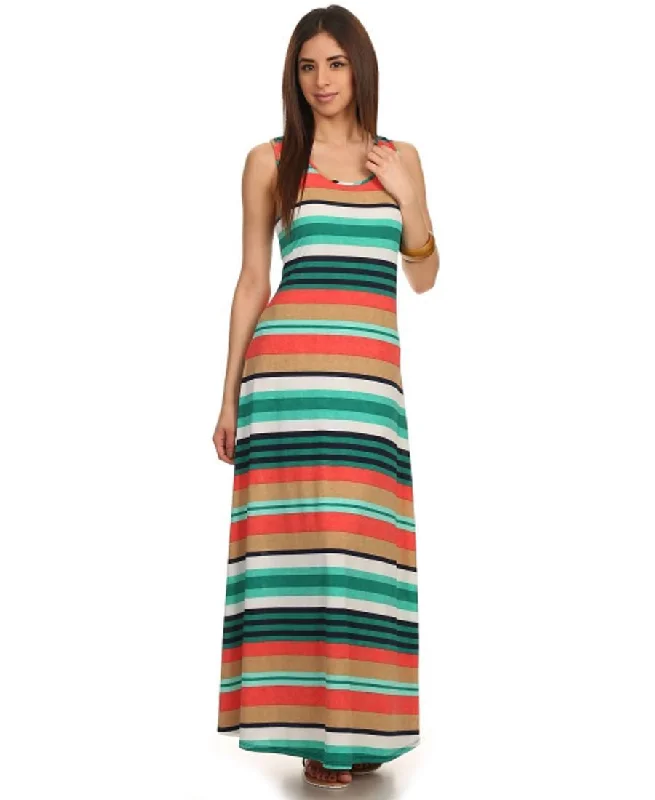 Racerback Maxi Dress Striped Aqua Coral Fashionable Chiffon Maxi Dress