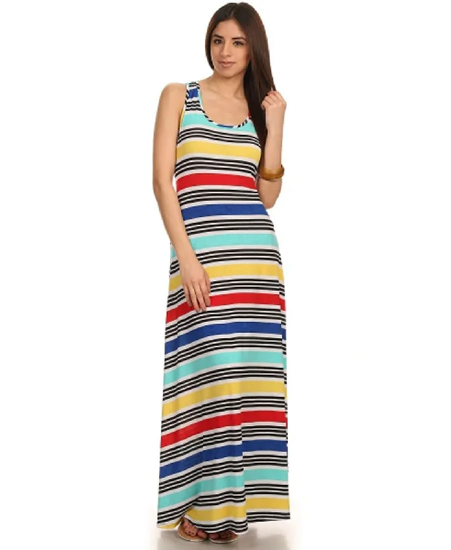 Racerback Maxi Dress Striped Red Blue Yellow Elegant Maxi Dress with Lace