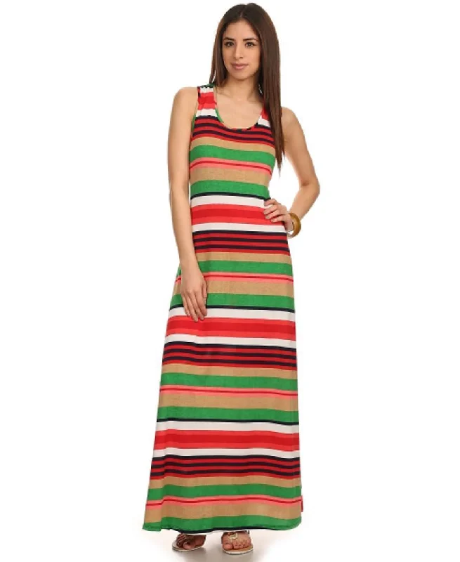 Racerback Maxi Dress Striped Red Green Comfortable Satin Maxi Dress