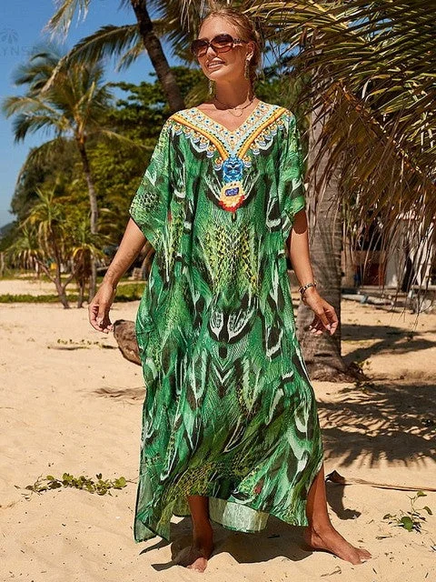 2022 Long Green Kaftan Bohemian Beach Maxi Dress Women Beach Wear Fashionable Button-Down Maxi Dress