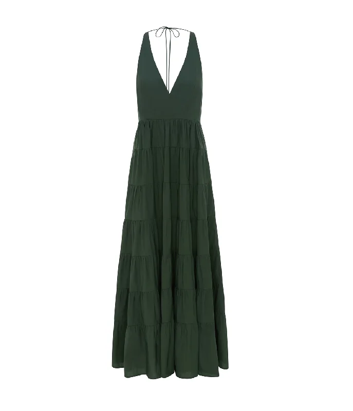 Ryan Tiered Maxi Dress in Forest Green Fashionable Open-Back Maxi Dress