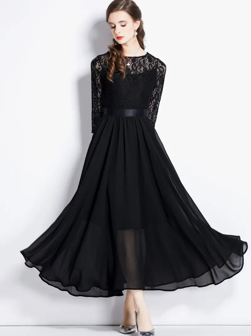 Black Lace 3/4 Sleeve A Line Party Maxi Dress Stylish Boho Maxi Dress