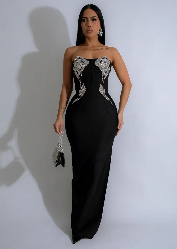 Blooming Radiance Rhinestones Maxi Dress Black Fashionable High-Waist Maxi Dress