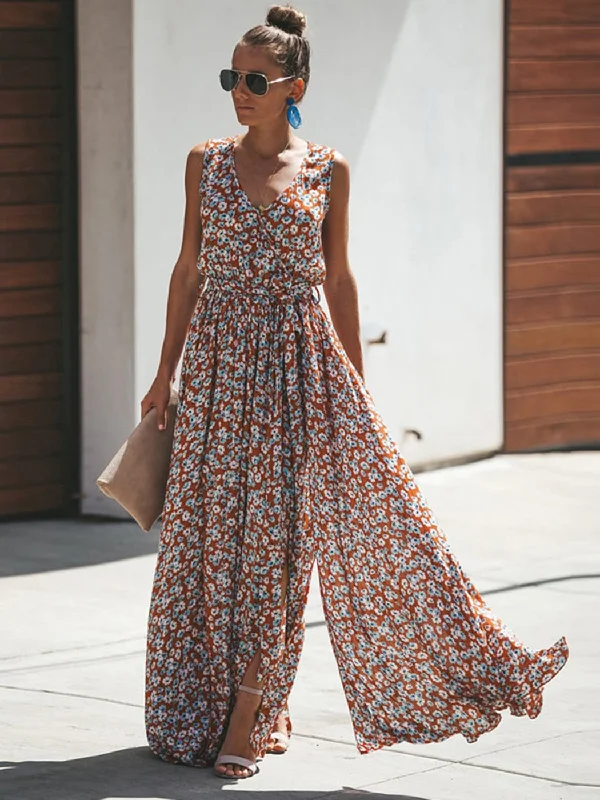 Bohemian Hippie Beach Long Dress Floral Print Maxi Dresses Cozy Cold-Shoulder Maxi Dress