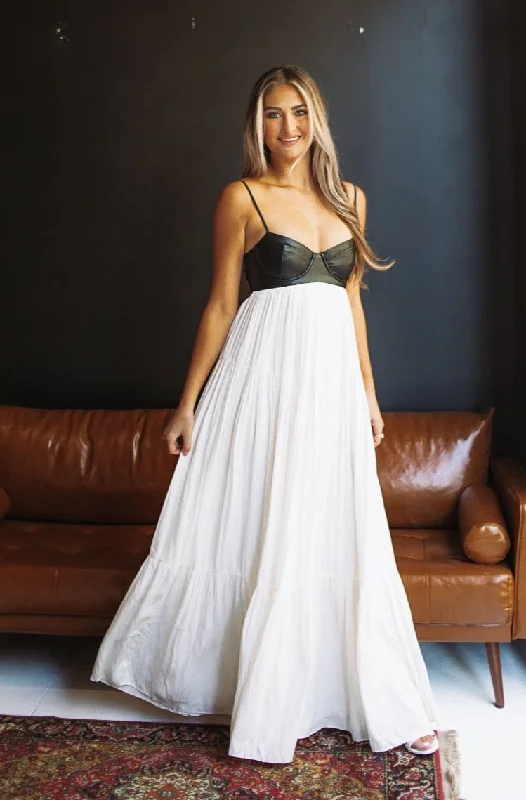 Caviar Dreams Maxi Dress - Ivory and Vegan Black Leather Comfortable Satin Maxi Dress