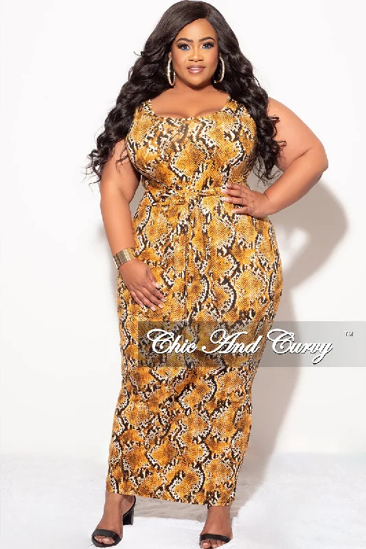 Final Sale Plus Size Sleeveless Maxi Dress with Waist Tie in Mustard and Black Snake Print Fashionable Button-Down Maxi Dress