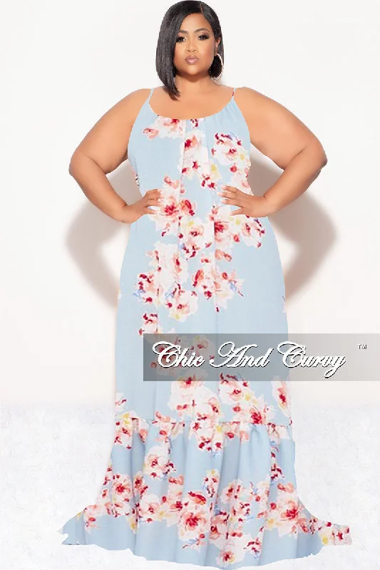 Final Sale Plus Size Maxi Dress with Spaghetti Straps in Blue Floral Print Classic Solid Maxi Dress