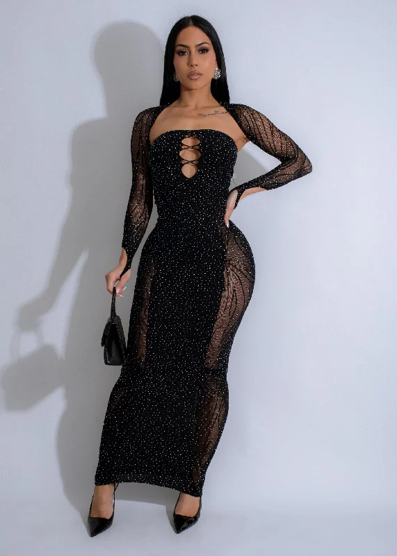 Cosmic Glow Rhinestones Maxi Dress Black Stylish V-Neck Maxi Dress