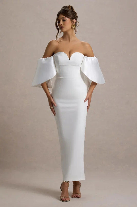 Dalani | White Corset Maxi Dress With Satin Puff Sleeves Elegant Maxi Dress with Slit