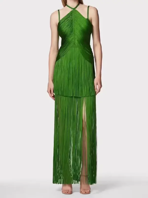 Sultry Green Fringe Halter Maxi Dress Elegant Tiered Maxi Dress