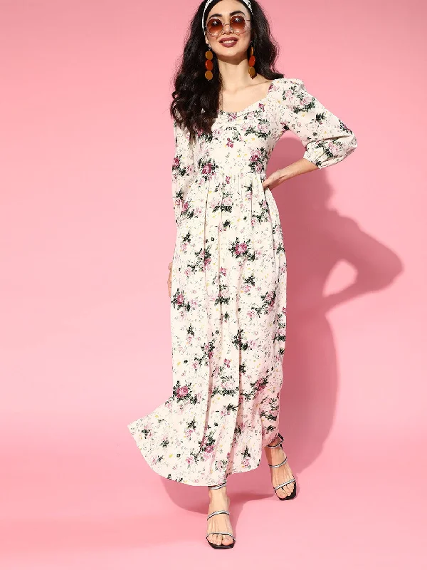 Berrylush Women Beige & Pink Floral Printed Sweetheart Neck Three-Quarter Sleeve Flared Maxi Dress Cozy Wrap Maxi Dress