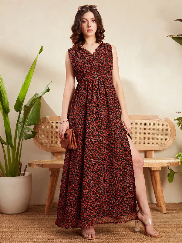 Berrylush Women Black & Red Floral Printed V-Neck Sleeveless Zipper-Up Thigh-High Slit Straight Hem Pleated Maxi Dress Elegant Maxi Dress with Belt