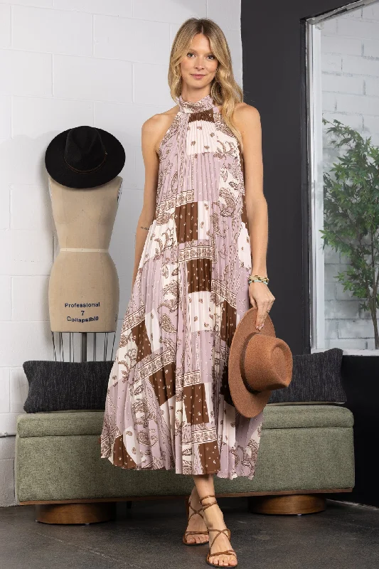 MOCHA PAISLEY PRINT HALTER NECK PLEATED MAXI DRESS-DY51129FA Elegant Tiered Maxi Dress