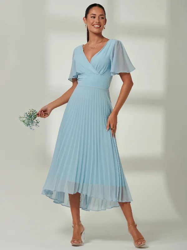 Elene Pleated High Low Chiffon Maxi Dress, Ice blue Trendy Off-Shoulder Ruffle Maxi Dress